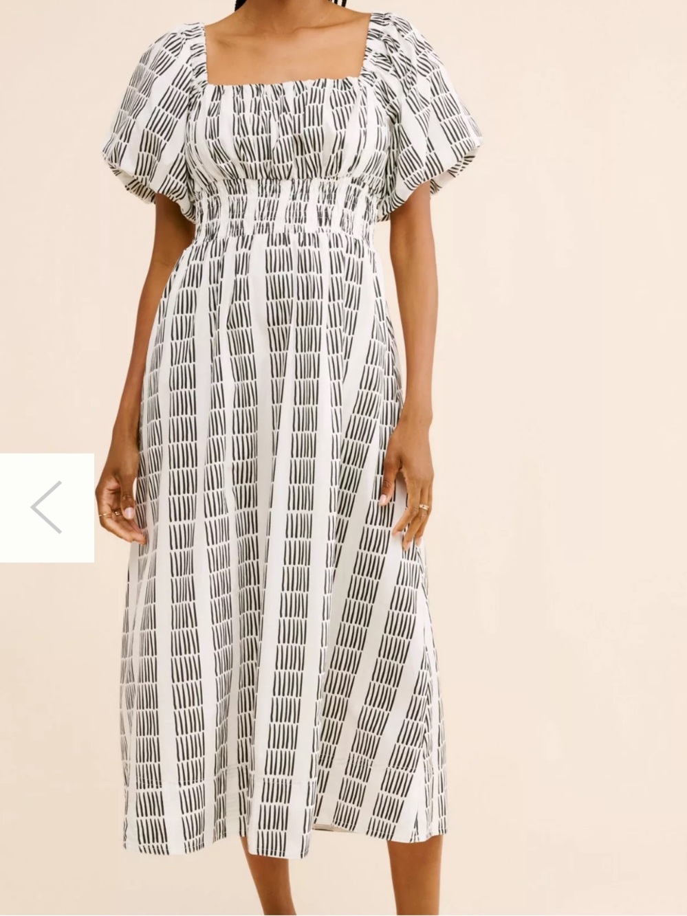 Anthro Maeve Smocked Midi Dress XS Black & White Puff Sleeve Square Neck